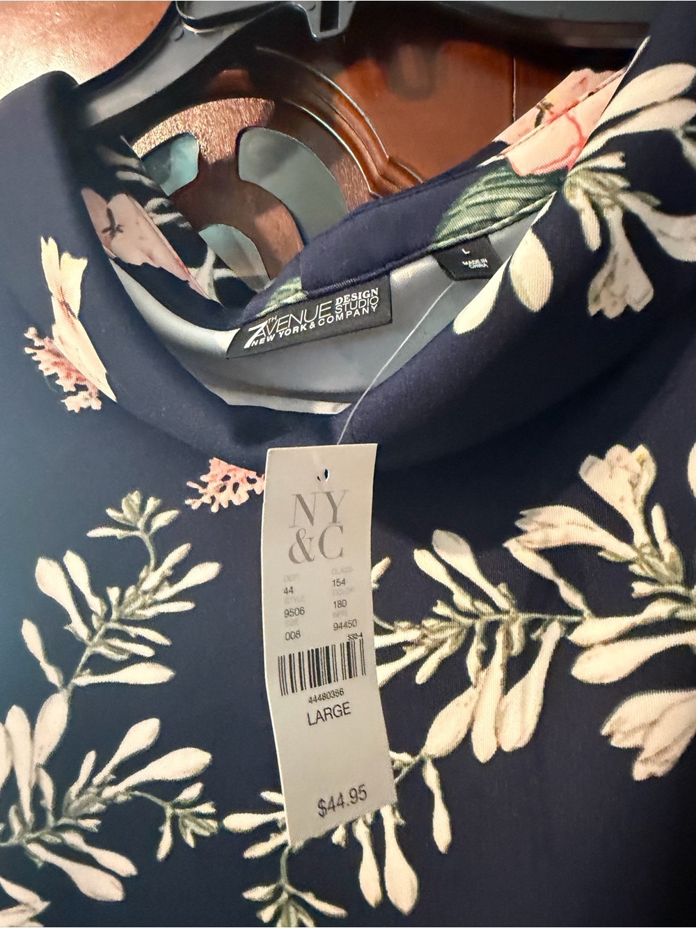 New York & Company Floral Sleeveless Cowl Neck Top - Navy with Pink Blooms - Picture 2 of 3